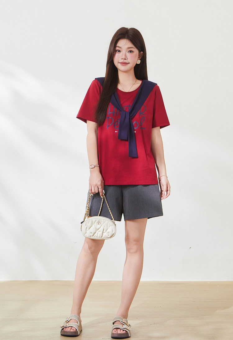 Round neck loose print shawl contrasting top，FXZ7109