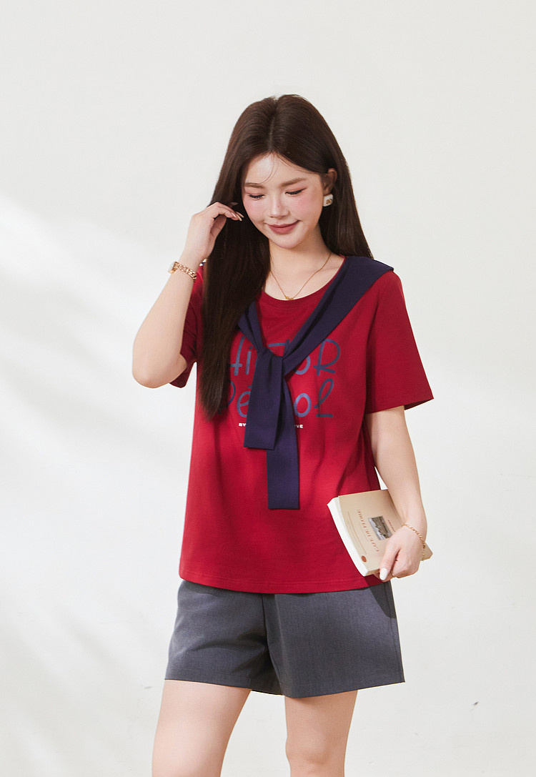 Round neck loose print shawl contrasting top，FXZ7109