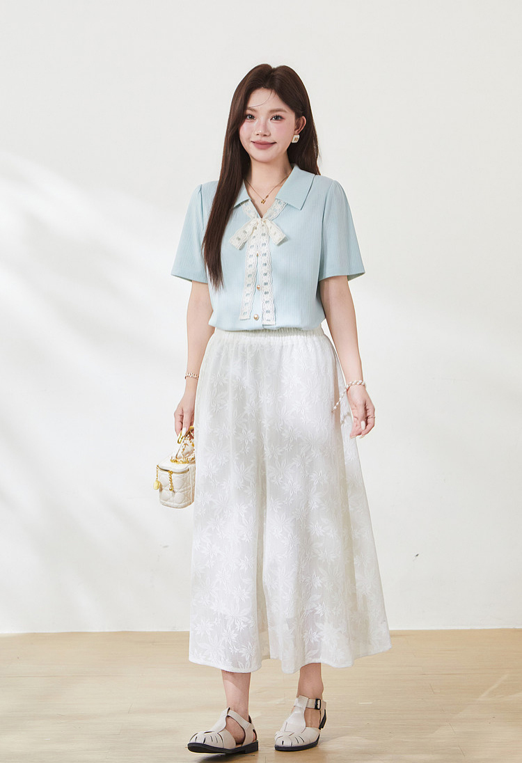 Collar lace tied temperament texture T-shirt,FXZ7129
