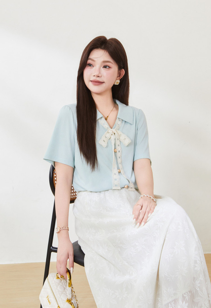 Collar lace tied temperament texture T-shirt,FXZ7129