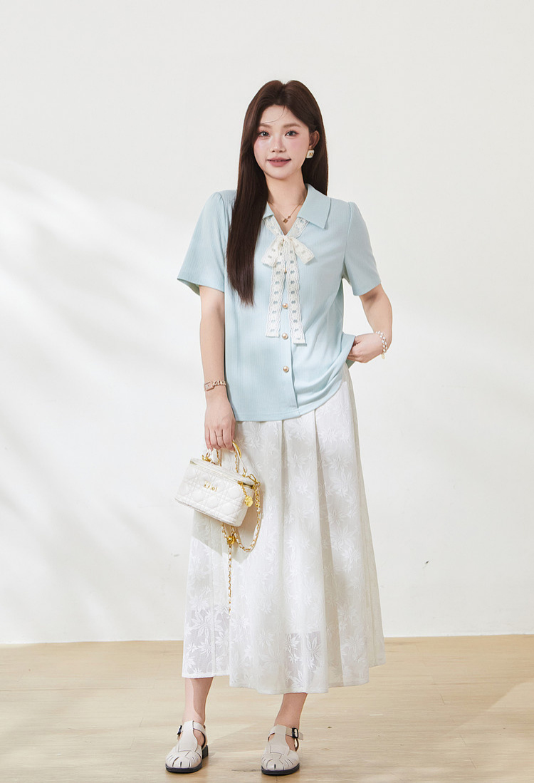 Collar lace tied temperament texture T-shirt,FXZ7129