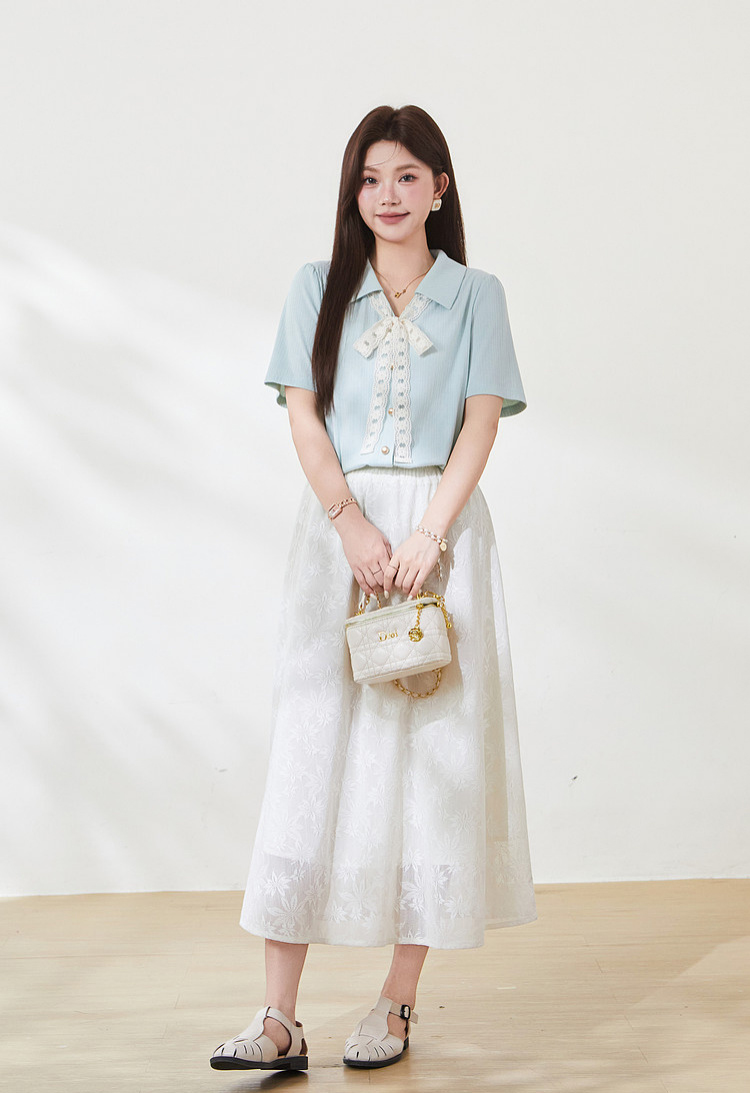 Collar lace tied temperament texture T-shirt,FXZ7129