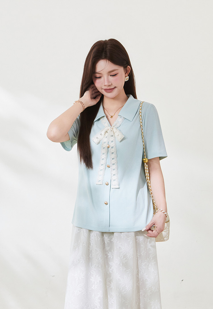Collar lace tied temperament texture T-shirt,FXZ7129