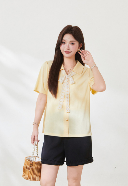 Collar lace tied temperament texture T-shirt,FXZ7129