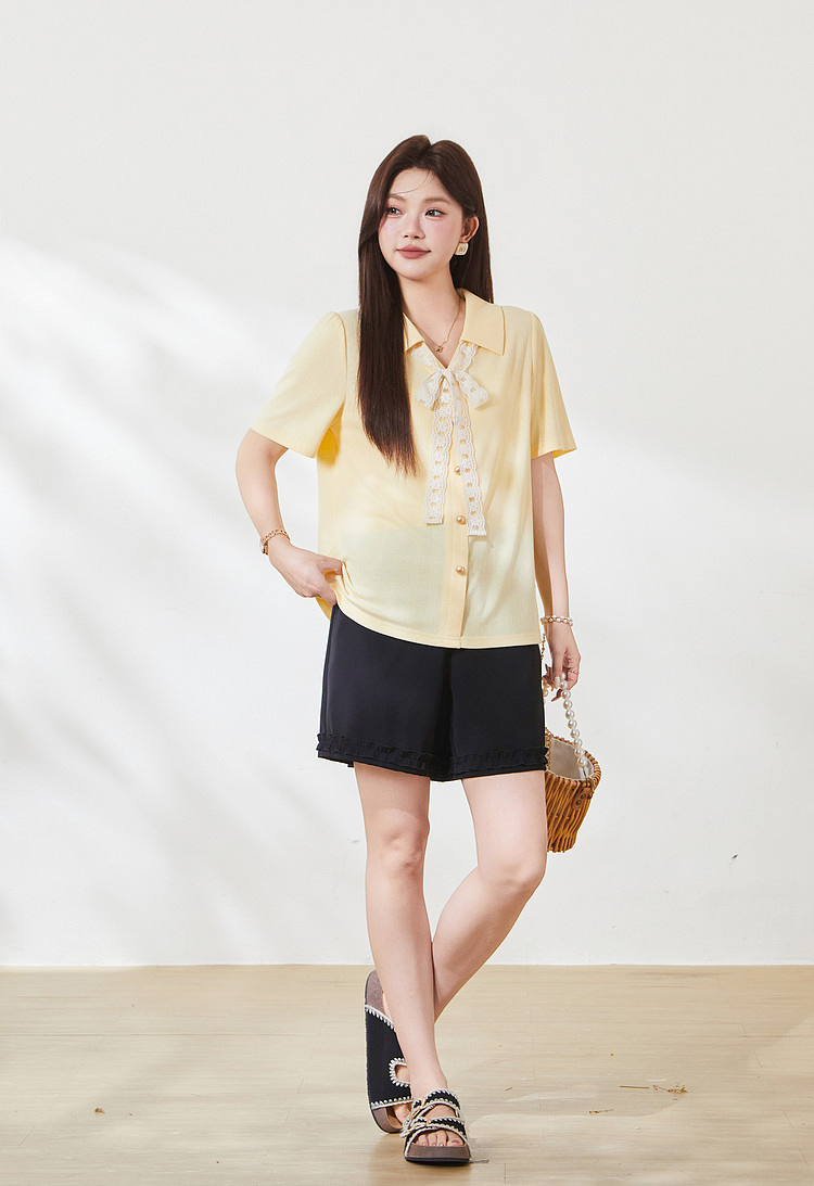 Collar lace tied temperament texture T-shirt,FXZ7129