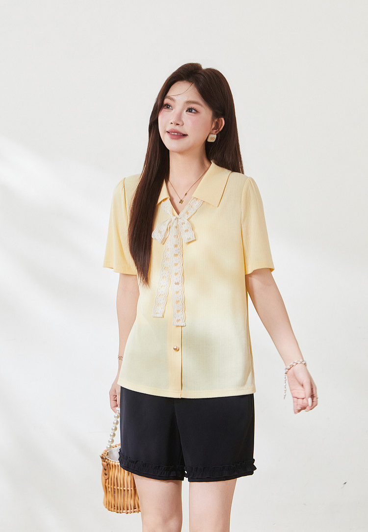 Collar lace tied temperament texture T-shirt,FXZ7129