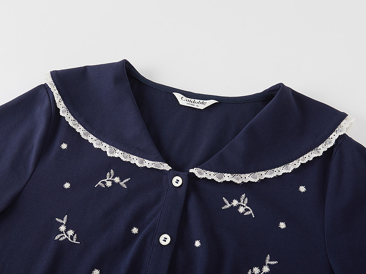 Age-reducing Navy Lace-collar Embroidered Beaded T-shirt FXZ7166