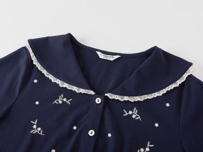 Age-reducing Navy Lace-collar Embroidered Beaded T-shirt FXZ7166