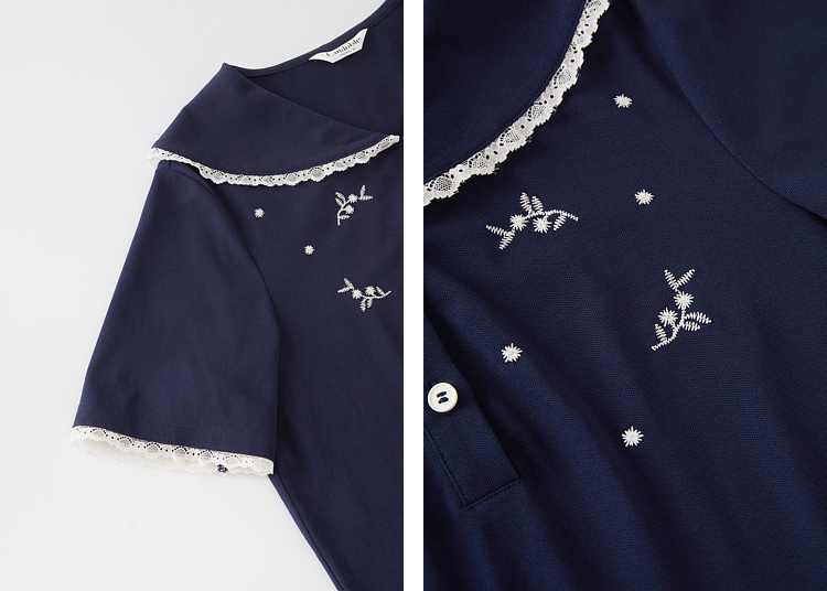 Age-reducing Navy Lace-collar Embroidered Beaded T-shirt FXZ7166