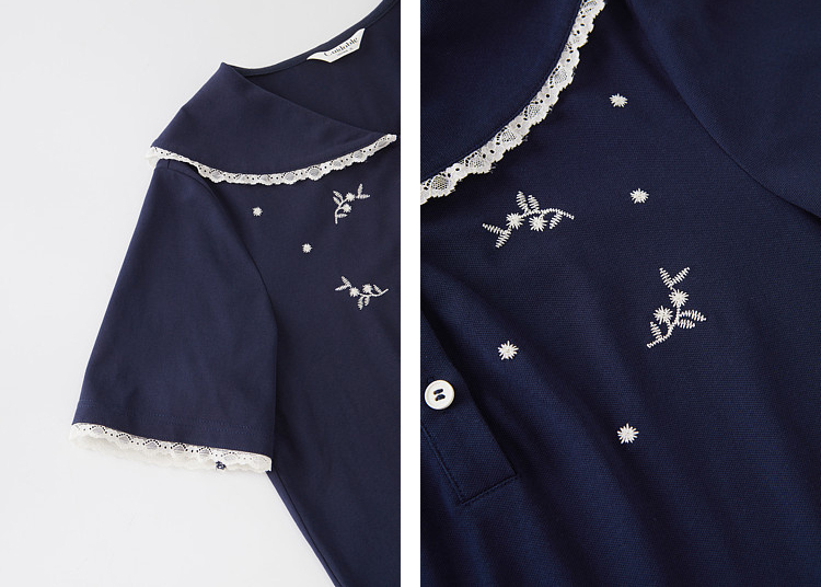 Age-reducing Navy Lace-collar Embroidered Beaded T-shirt FXZ7166