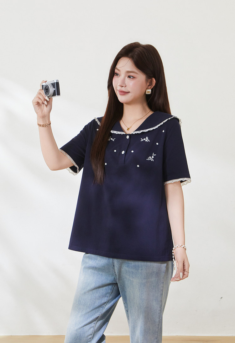 Age-reducing Navy Lace-collar Embroidered Beaded T-shirt FXZ7166