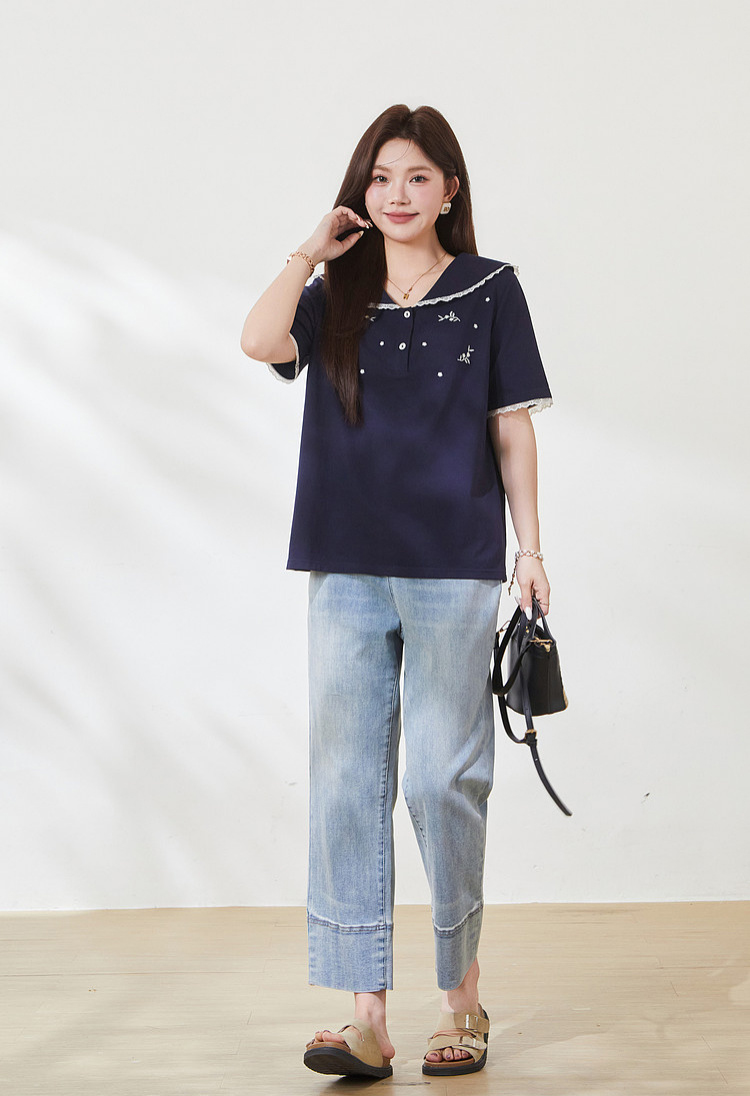 Age-reducing Navy Lace-collar Embroidered Beaded T-shirt FXZ7166