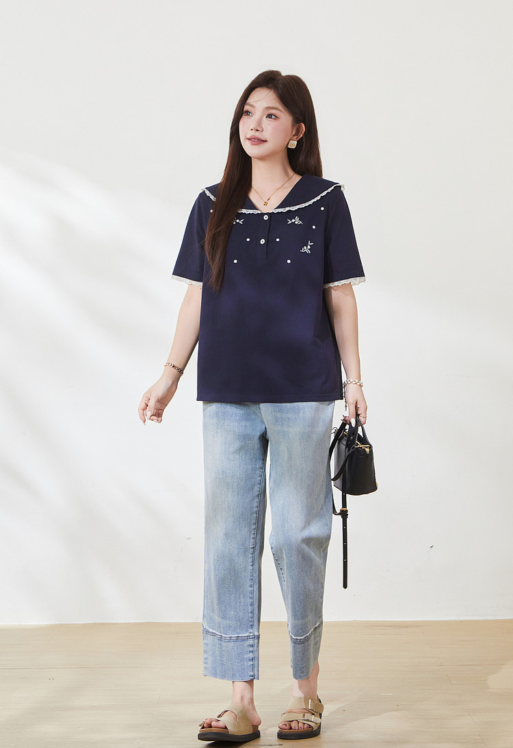 Age-reducing Navy Lace-collar Embroidered Beaded T-shirt FXZ7166