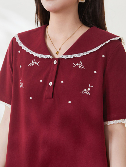 Age-reducing Navy Lace-collar Embroidered Beaded T-shirt FXZ7166