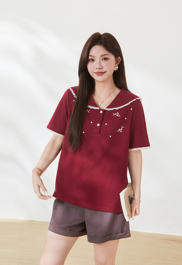 Age-reducing Navy Lace-collar Embroidered Beaded T-shirt FXZ7166