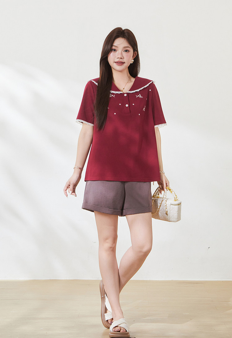 Age-reducing Navy Lace-collar Embroidered Beaded T-shirt FXZ7166