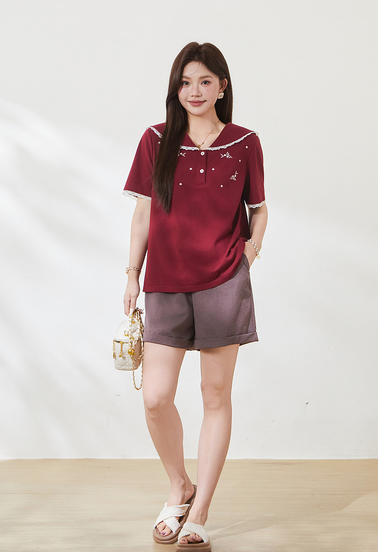 Age-reducing Navy Lace-collar Embroidered Beaded T-shirt FXZ7166