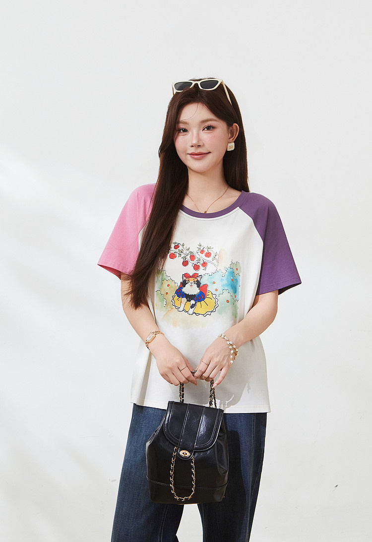 Color blocked shoulder cartoon cat T-shirt，FXZ7168