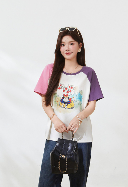 Color blocked shoulder cartoon cat T-shirt，FXZ7168