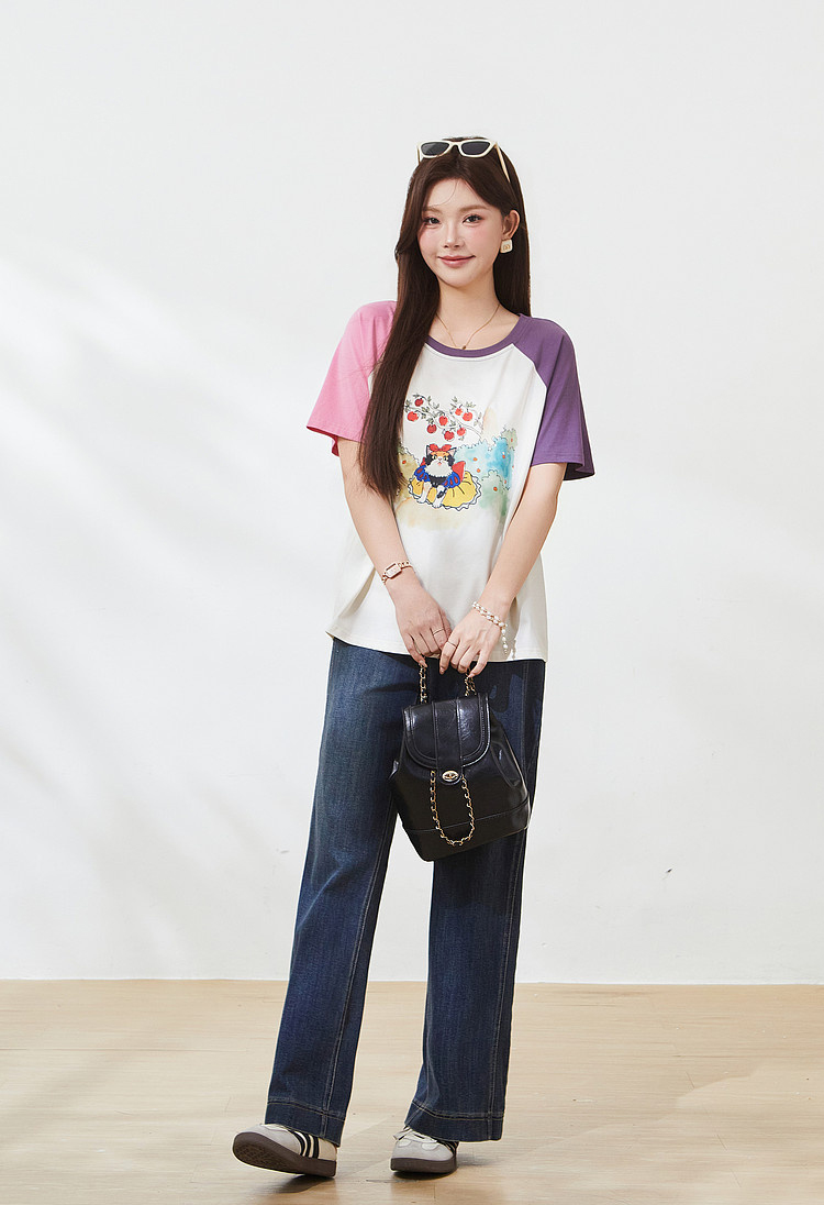 Color blocked shoulder cartoon cat T-shirt，FXZ7168