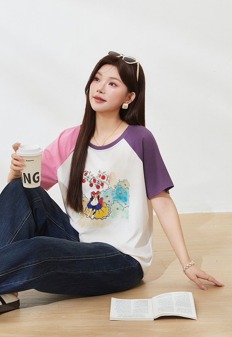 Color blocked shoulder cartoon cat T-shirt，FXZ7168
