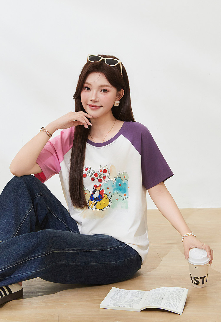 Color blocked shoulder cartoon cat T-shirt，FXZ7168