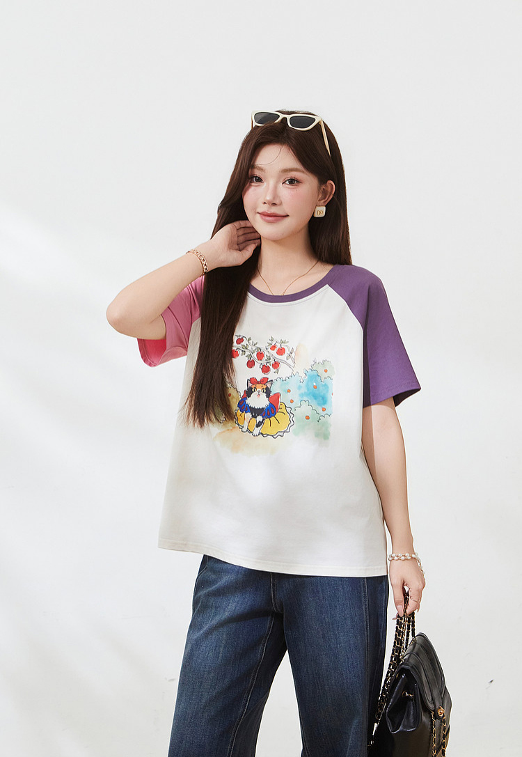 Color blocked shoulder cartoon cat T-shirt，FXZ7168