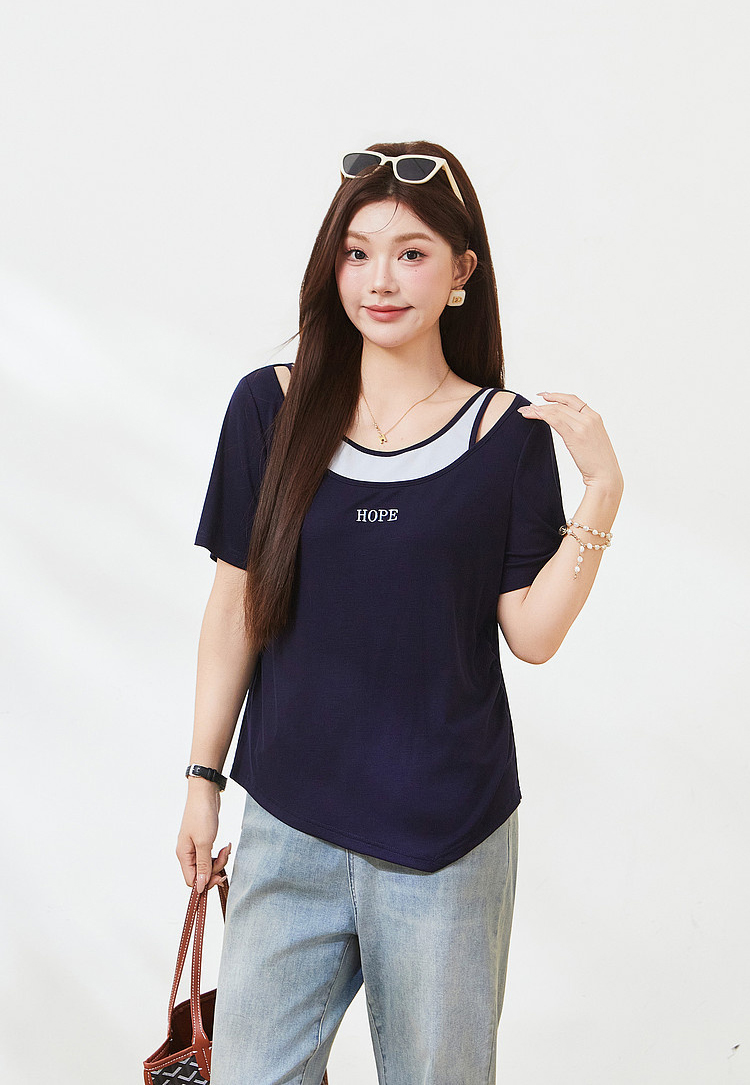Contrast-colored hollow-out patchwork irregular T-shirt FXZ7180