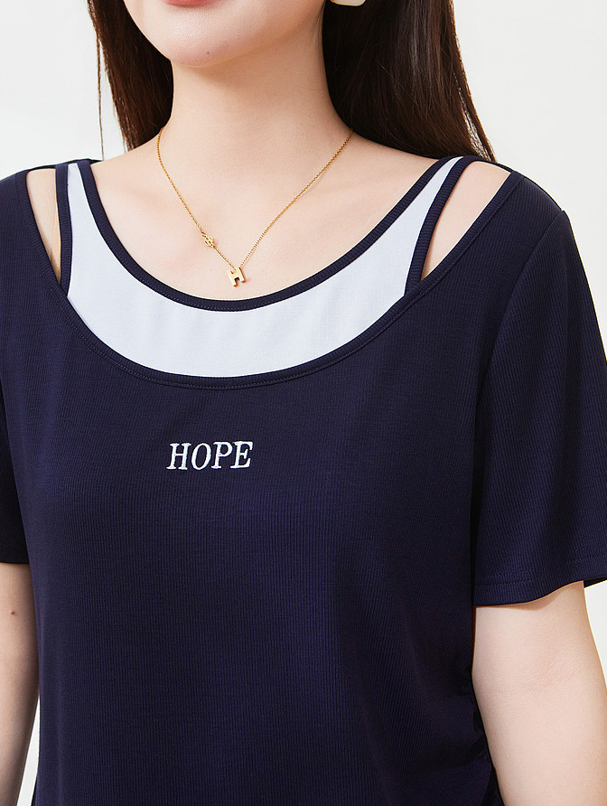 Contrast-colored hollow-out patchwork irregular T-shirt FXZ7180