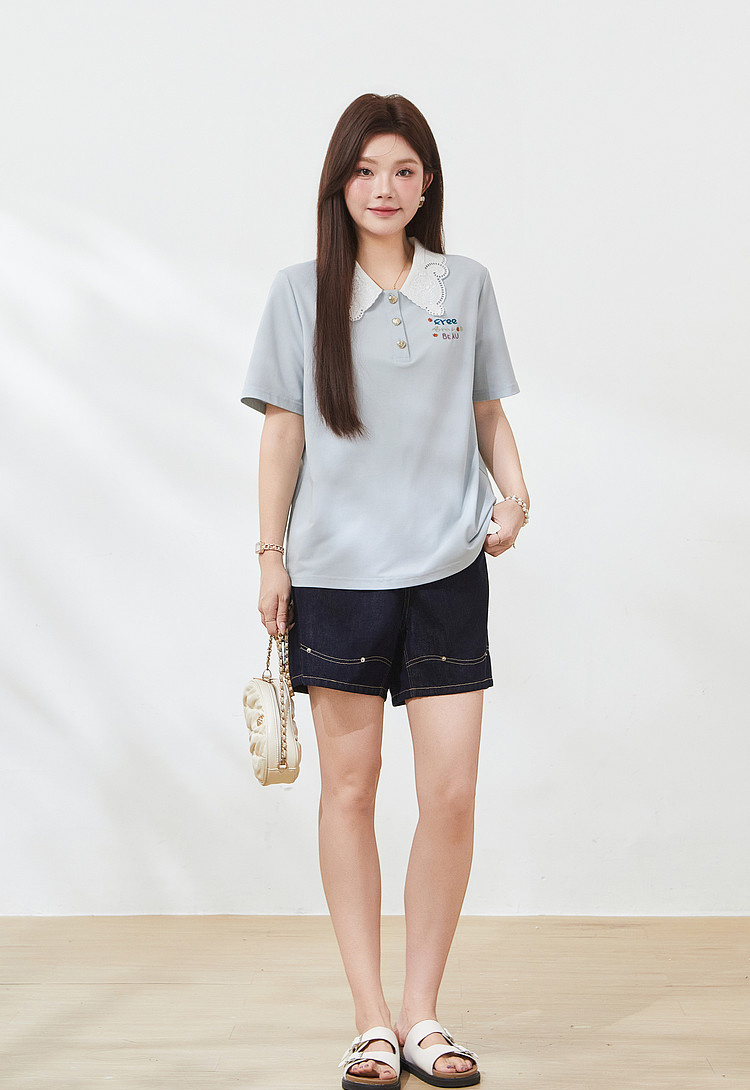 Lace POLO collar embroidered knit T-shirt，FXZ7211
