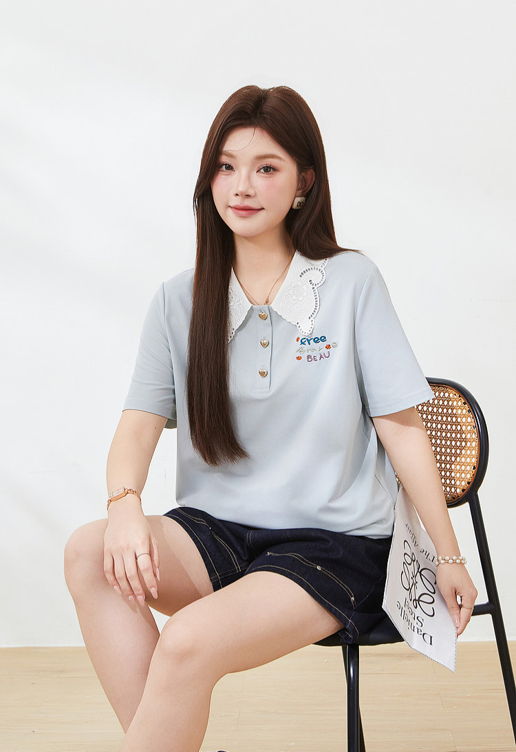 Lace POLO collar embroidered knit T-shirt，FXZ7211