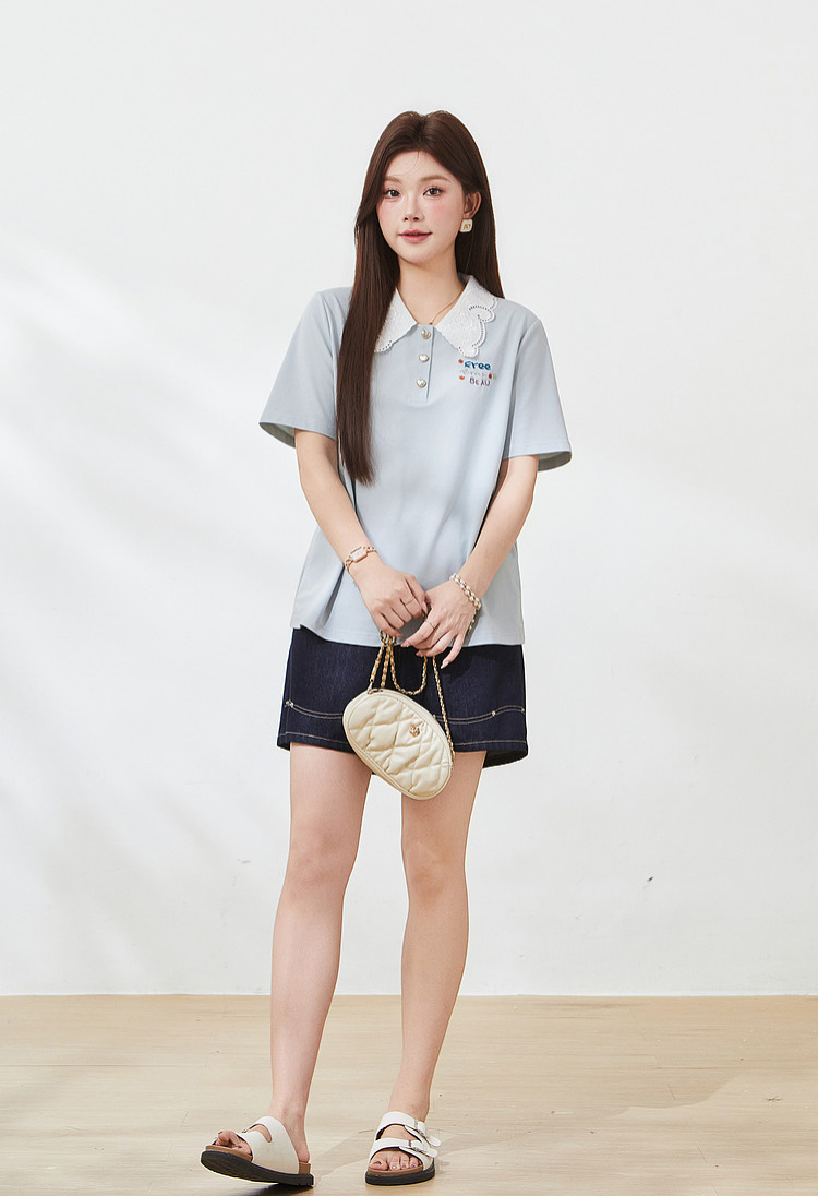 Lace POLO collar embroidered knit T-shirt，FXZ7211