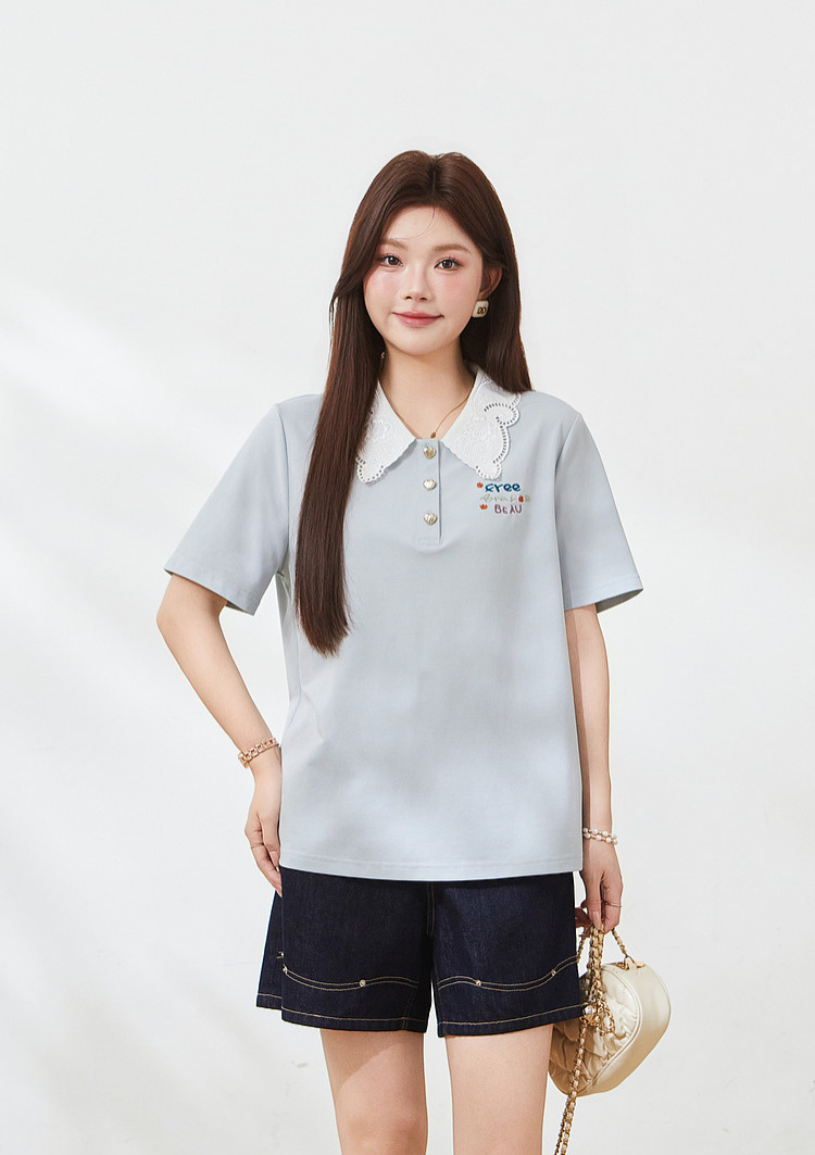Lace POLO collar embroidered knit T-shirt，FXZ7211