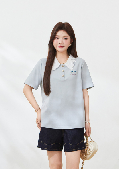 Lace POLO collar embroidered knit T-shirt，FXZ7211