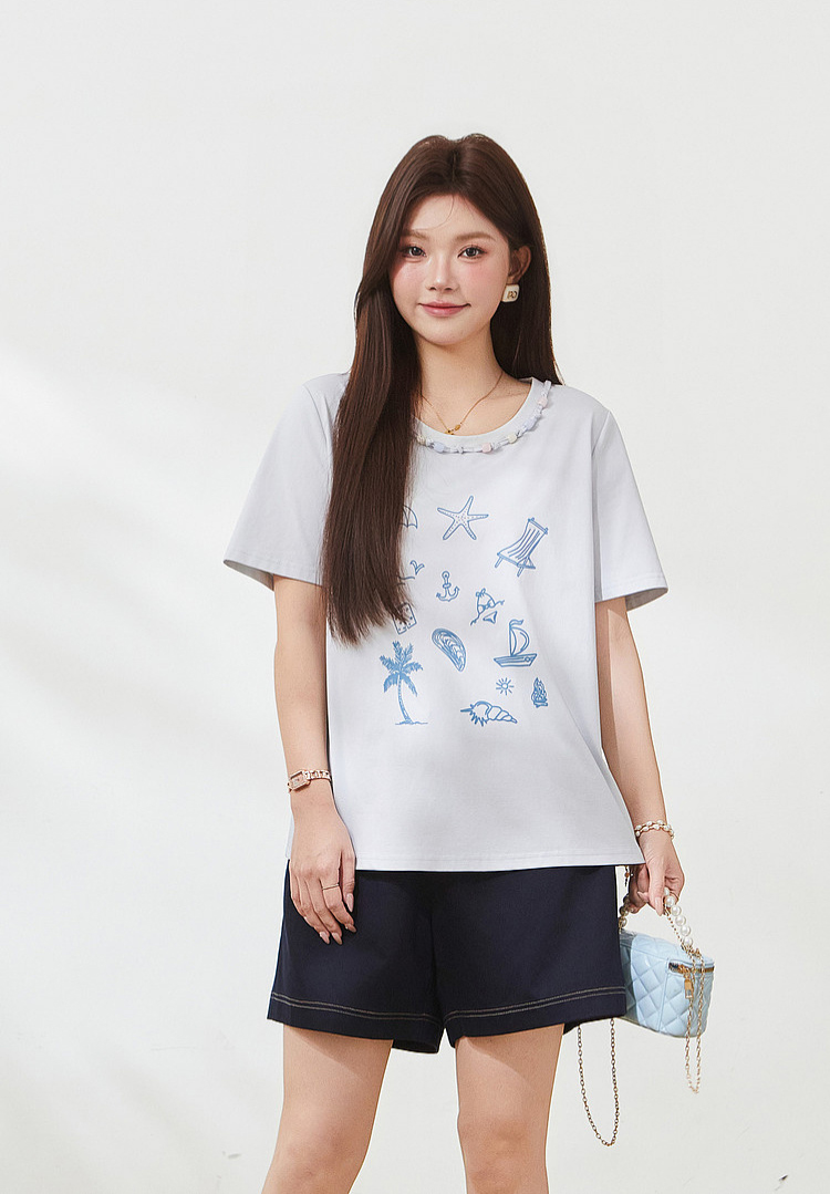Beaded and printed fashion knitted T-shirt FXZ7212