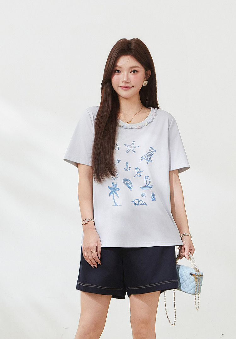 Beaded and printed fashion knitted T-shirt FXZ7212