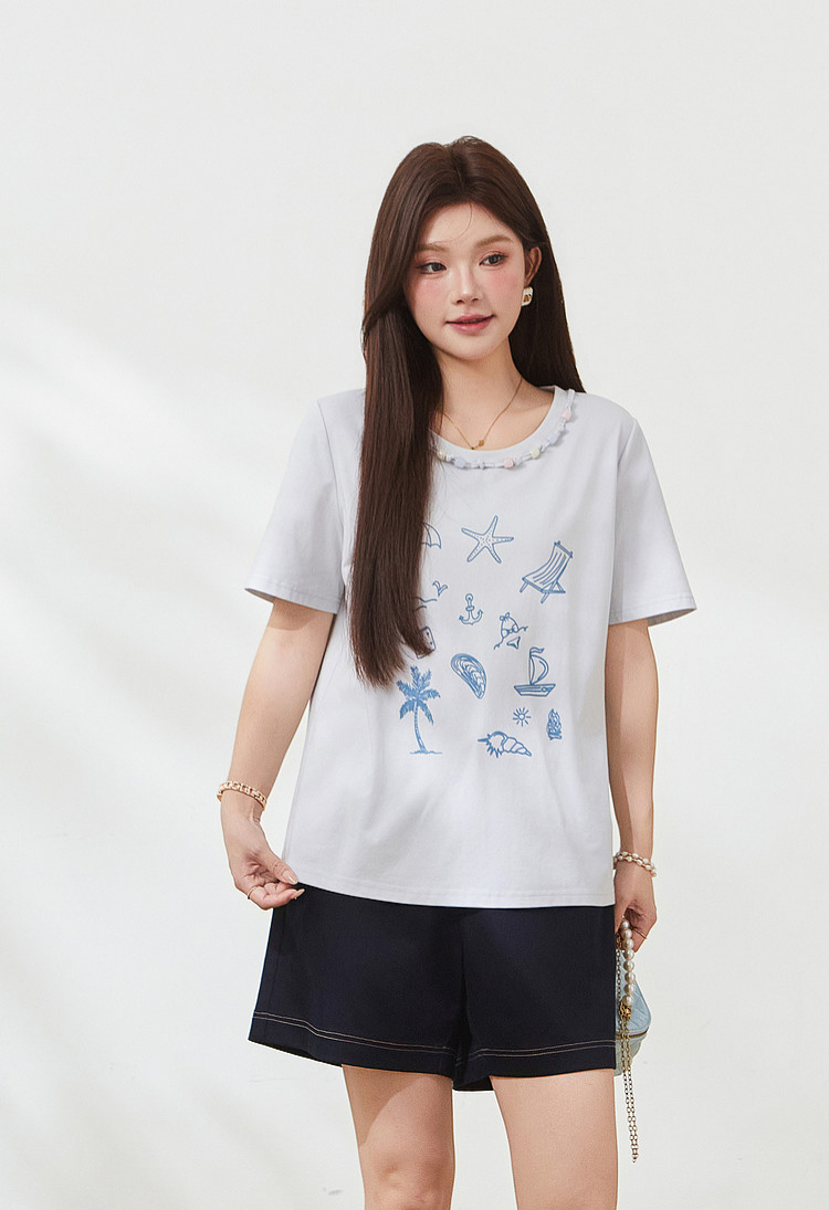 Beaded and printed fashion knitted T-shirt FXZ7212