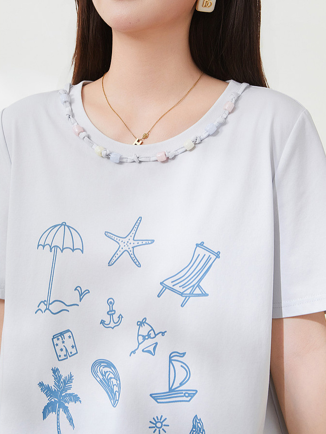 Beaded and printed fashion knitted T-shirt FXZ7212