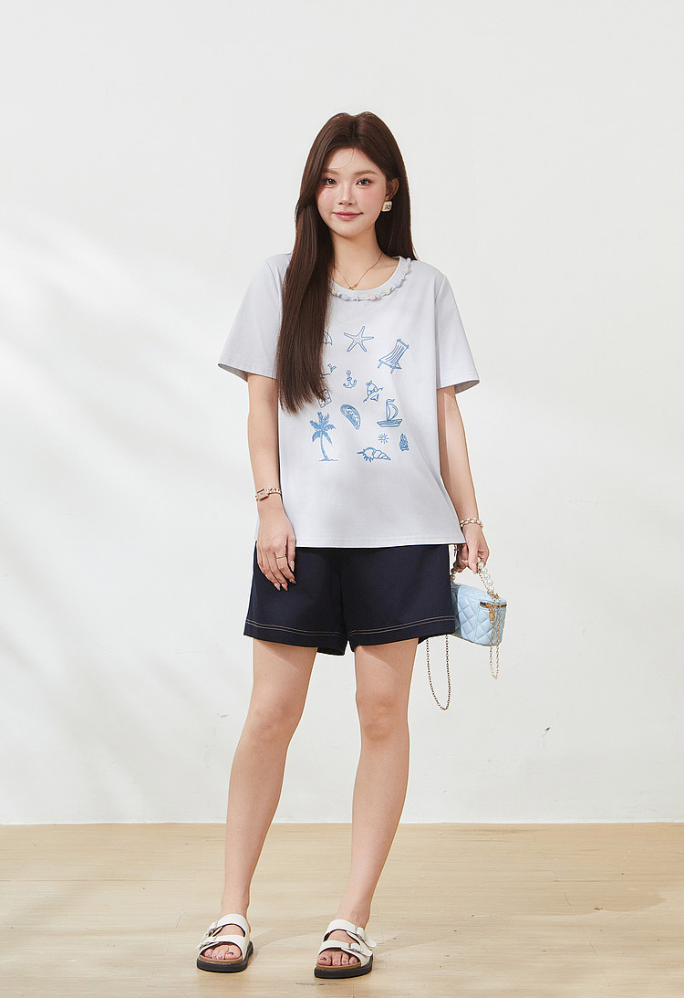 Beaded and printed fashion knitted T-shirt FXZ7212