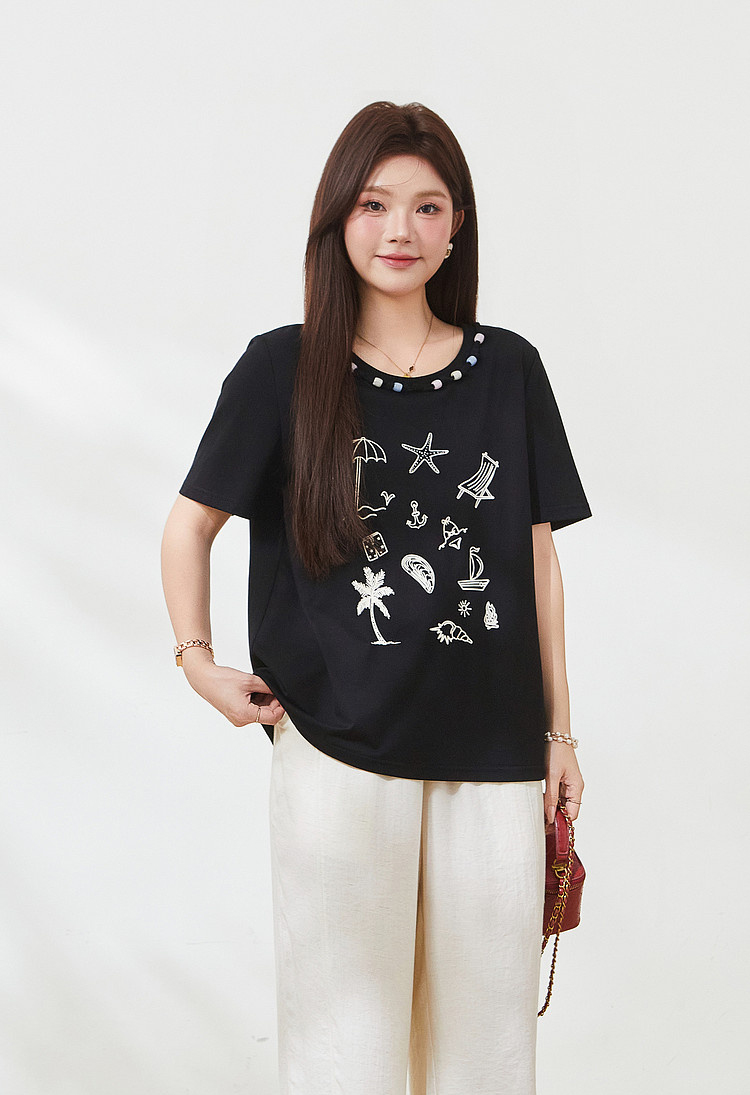 Beaded and printed fashion knitted T-shirt FXZ7212