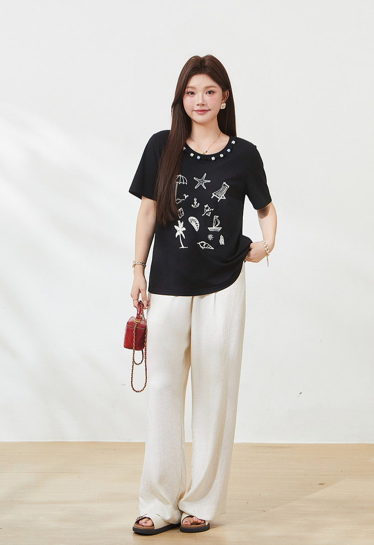 Beaded and printed fashion knitted T-shirt FXZ7212