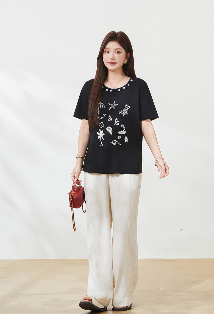 Beaded and printed fashion knitted T-shirt FXZ7212