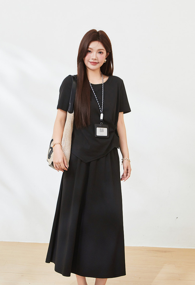 Round neck irregular hem skirt set，FXZ7217