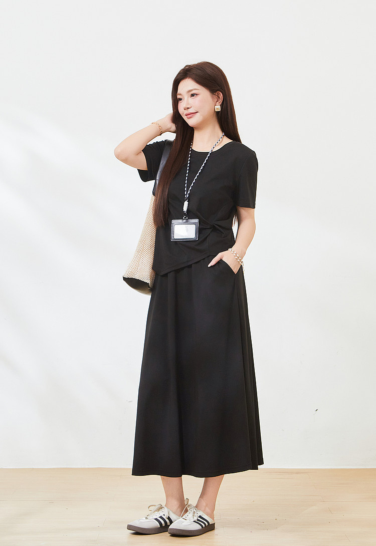 Round neck irregular hem skirt set，FXZ7217