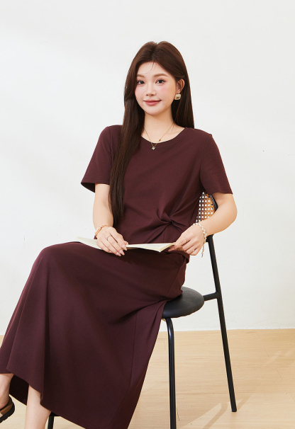 Round neck irregular hem skirt set，FXZ7217