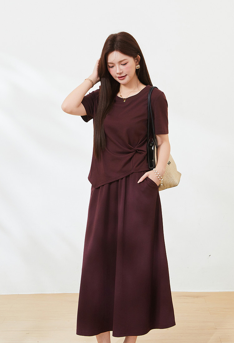 Round neck irregular hem skirt set，FXZ7217