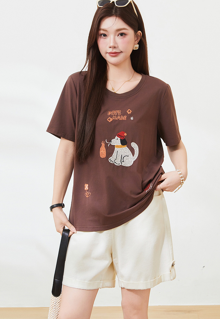 Cartoon Embroidered Youthful T-Shirt，FXZ7295