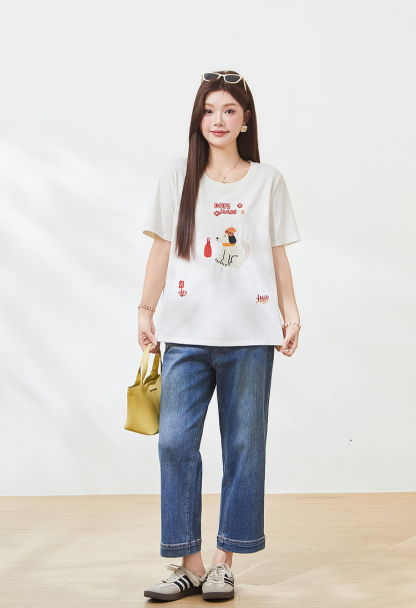 Cartoon Embroidered Youthful T-Shirt，FXZ7295