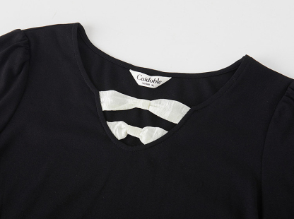 V-neck contrast bow tie waist T-shirt FXZ7360