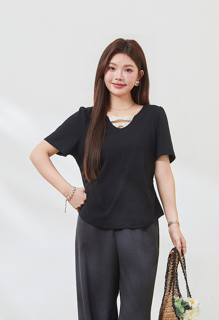V-neck contrast bow tie waist T-shirt FXZ7360